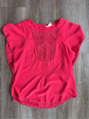 Meadow Rue Hot Pink Crochet Yoke Flutter Sleeve Blouse